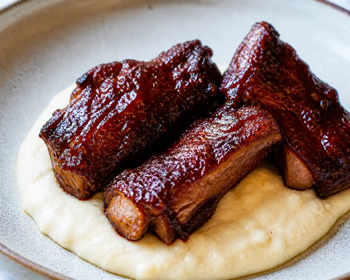 Costillas de cerdo al café y cereza con polenta cremosa de cheddar blanco