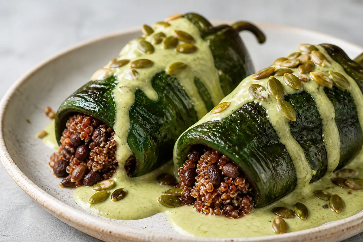 Rollos de Poblano con Quinoa Roja, Frijol Negro y Salsa de Pepita Tostada