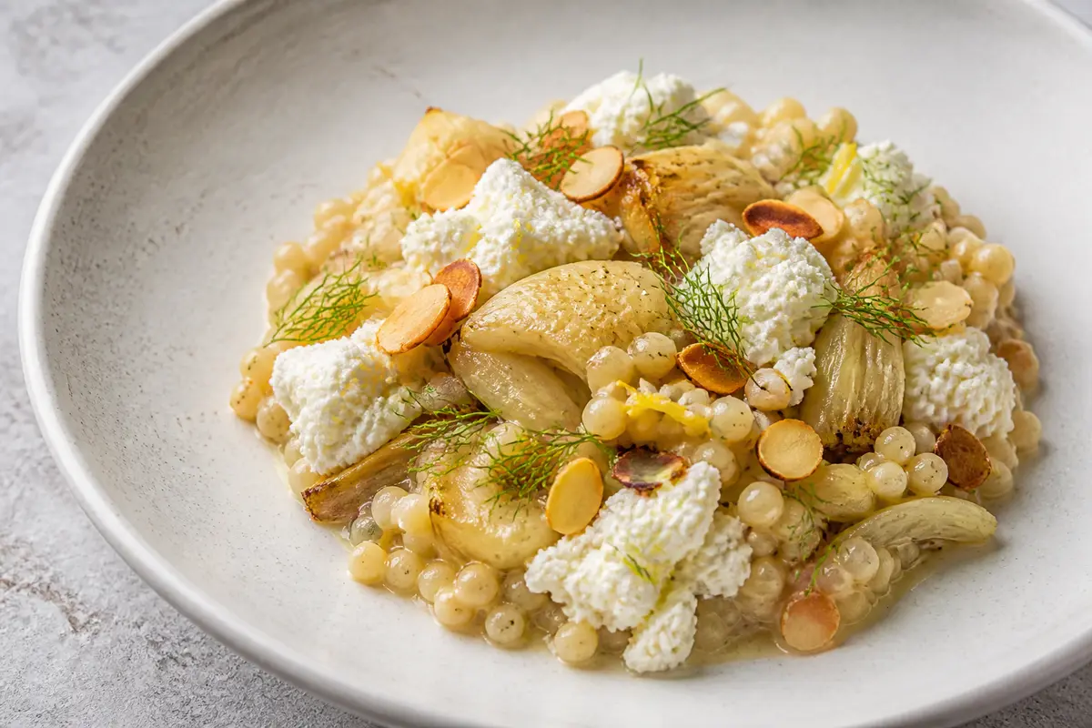 Creamy Fregola with Roasted Fennel, Lemon, Ricotta and Toasted Almonds