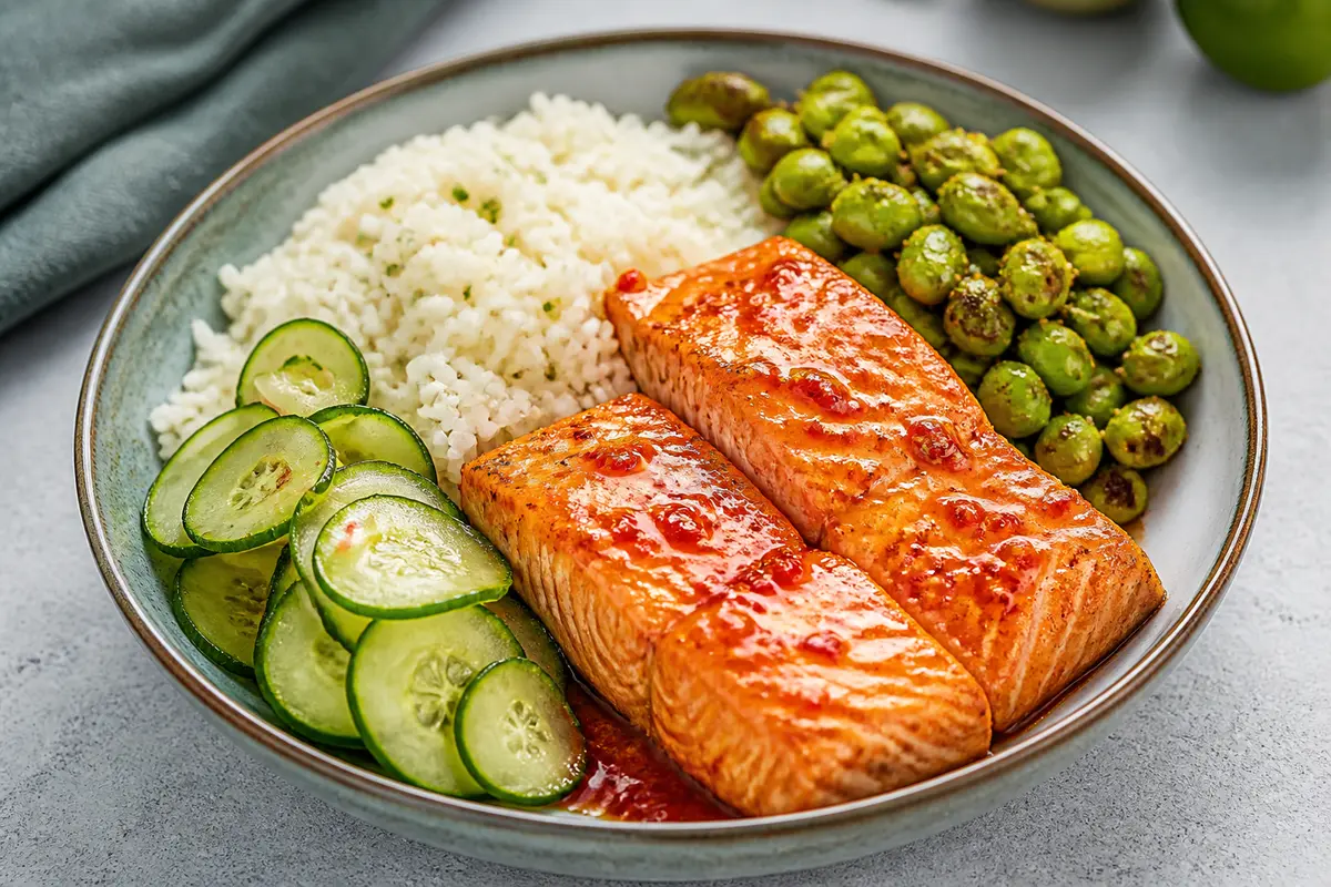 Sweet Chili Salmon Bowl with Coconut-Lime Rice, Pickled Cucumber, and Crispy Edamame
