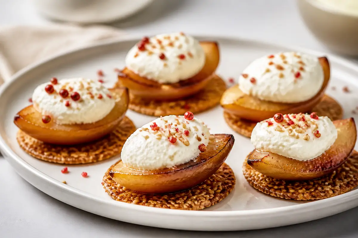 Bocados de Pera Caramelizada sobre Crujientes de Sésamo con Crema de Queso de Cabra y Pimienta Rosa
