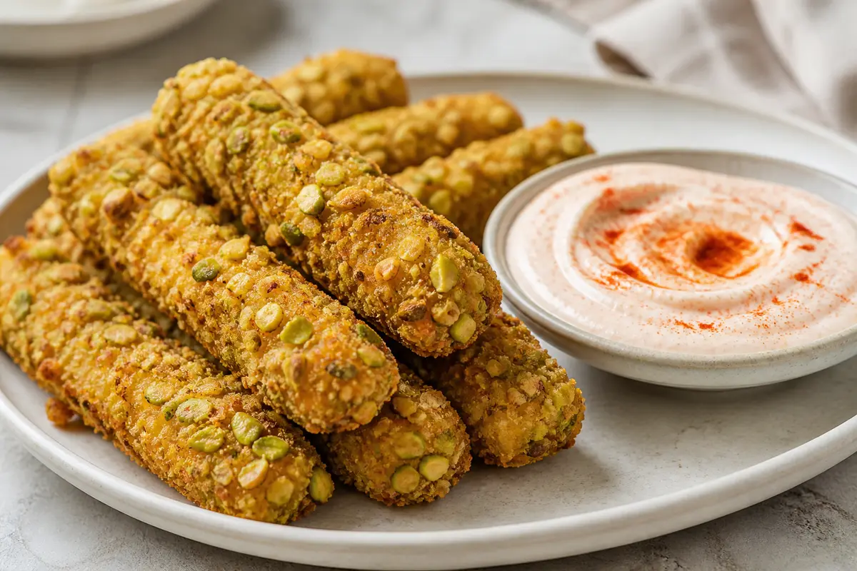 Chickpea and Cheese Sticks with Pistachio Crust and Paprika Yogurt Dip