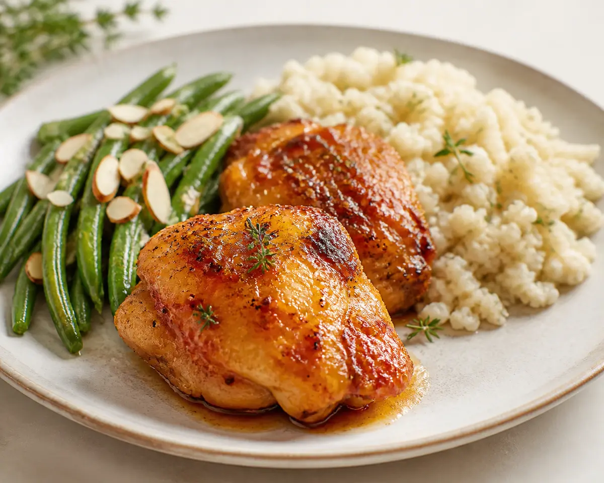 Pollo glaseado de albaricoque y tomillo con arroz cremoso de coliflor y judías verdes almendradas