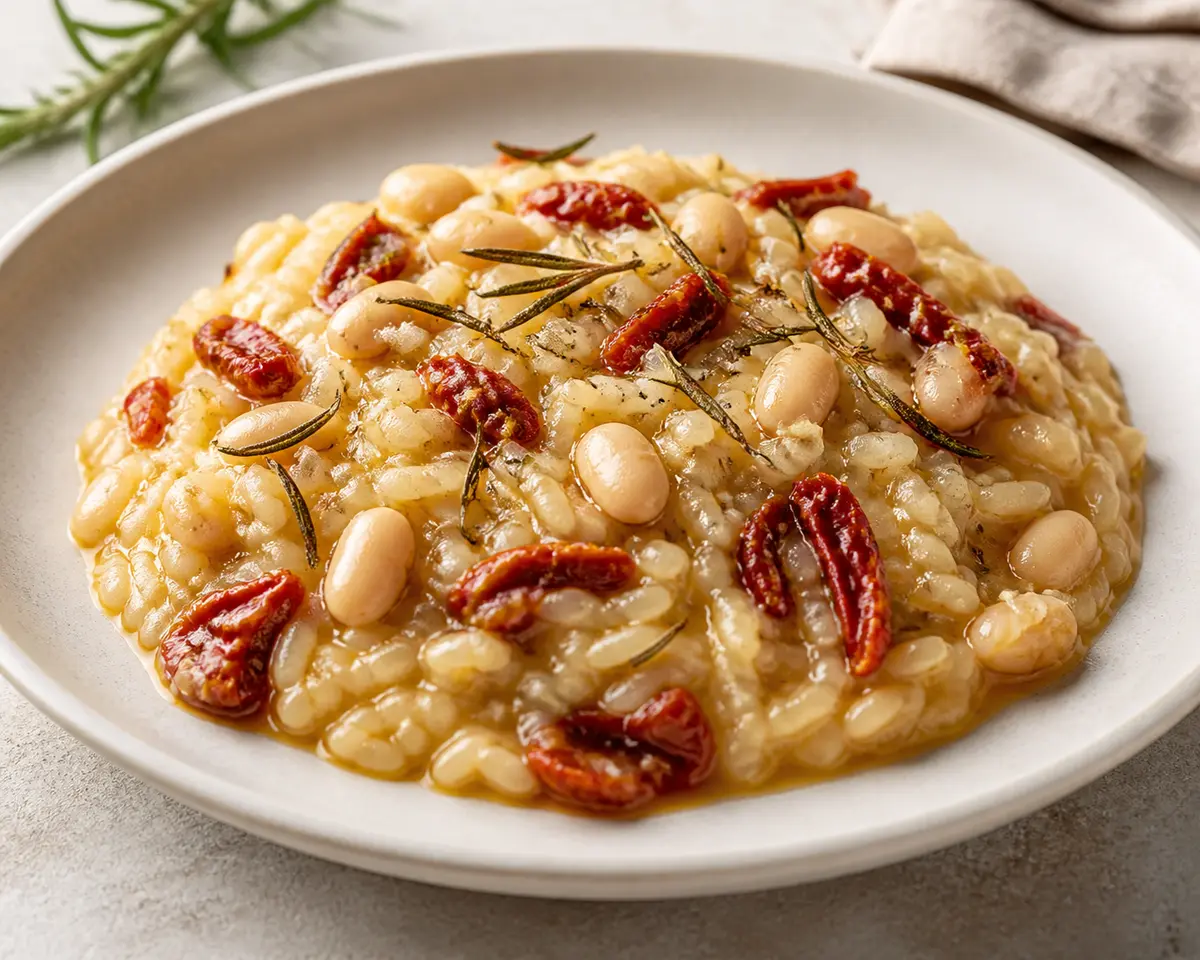 Arroz meloso de tomate seco, judías blancas y romero crujiente