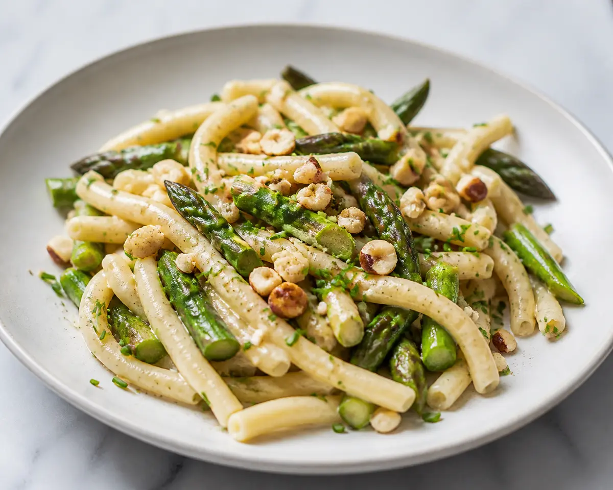 Strozzapreti with Sautéed Asparagus, Lemon-Ricotta Cream, Toasted Hazelnuts and Chives