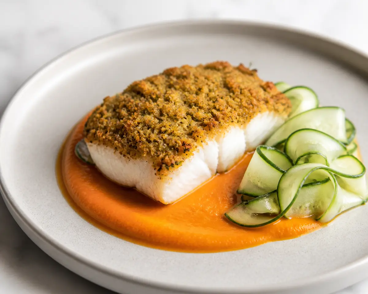 Pescado en Costra de Garbanzo y Hierbas con Crema Tibia de Zanahoria Asada y Pepino Encurtido Rápido