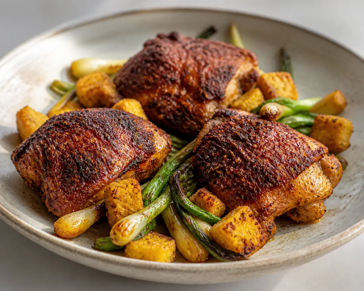 Pollo asado con costra de cacao, chile suave y costrones de maíz con cebollitas balsámicas