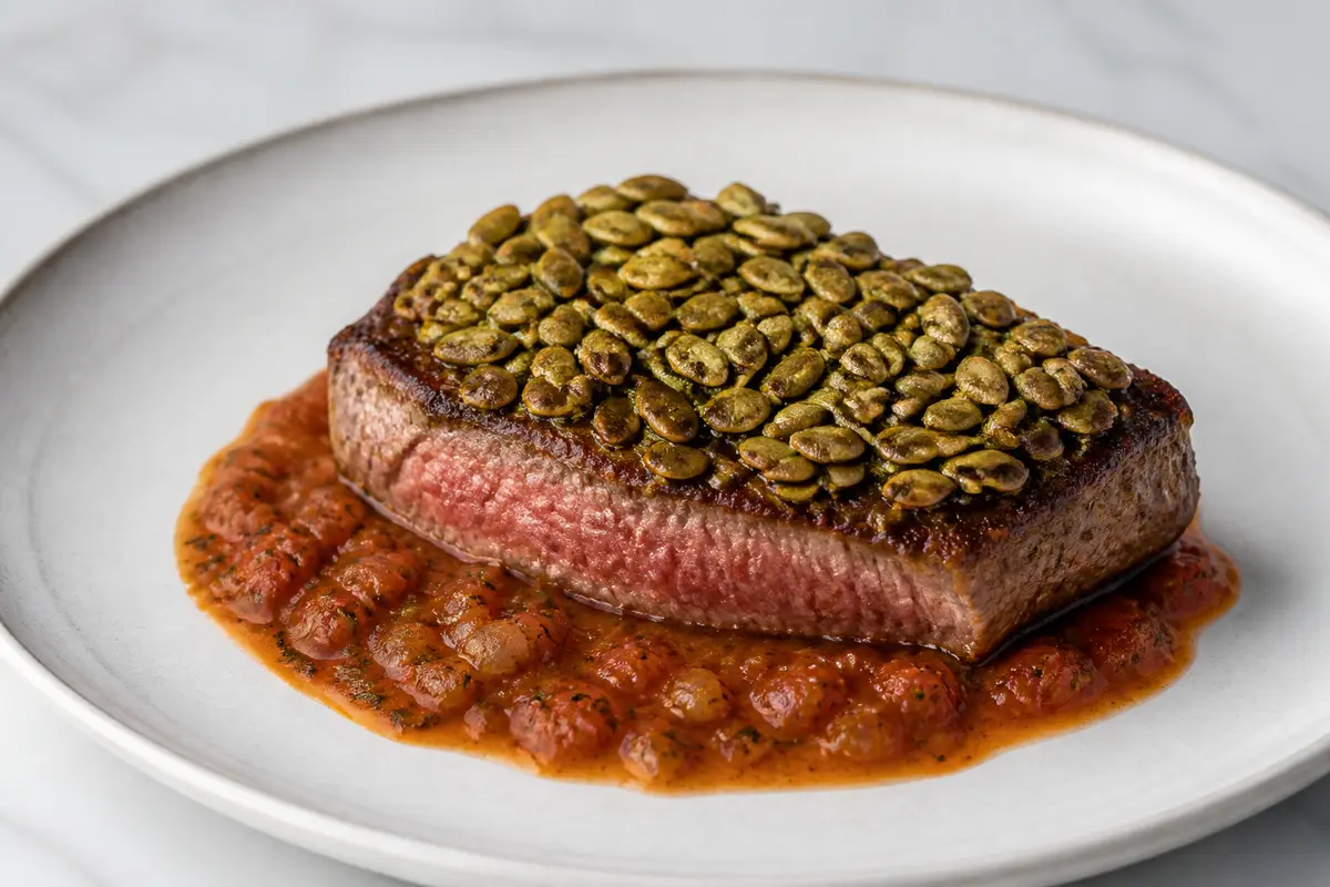 Filete de Res con Costra de Semilla de Calabaza y Salsa Tibia de Tomate Rostizado con Orégano