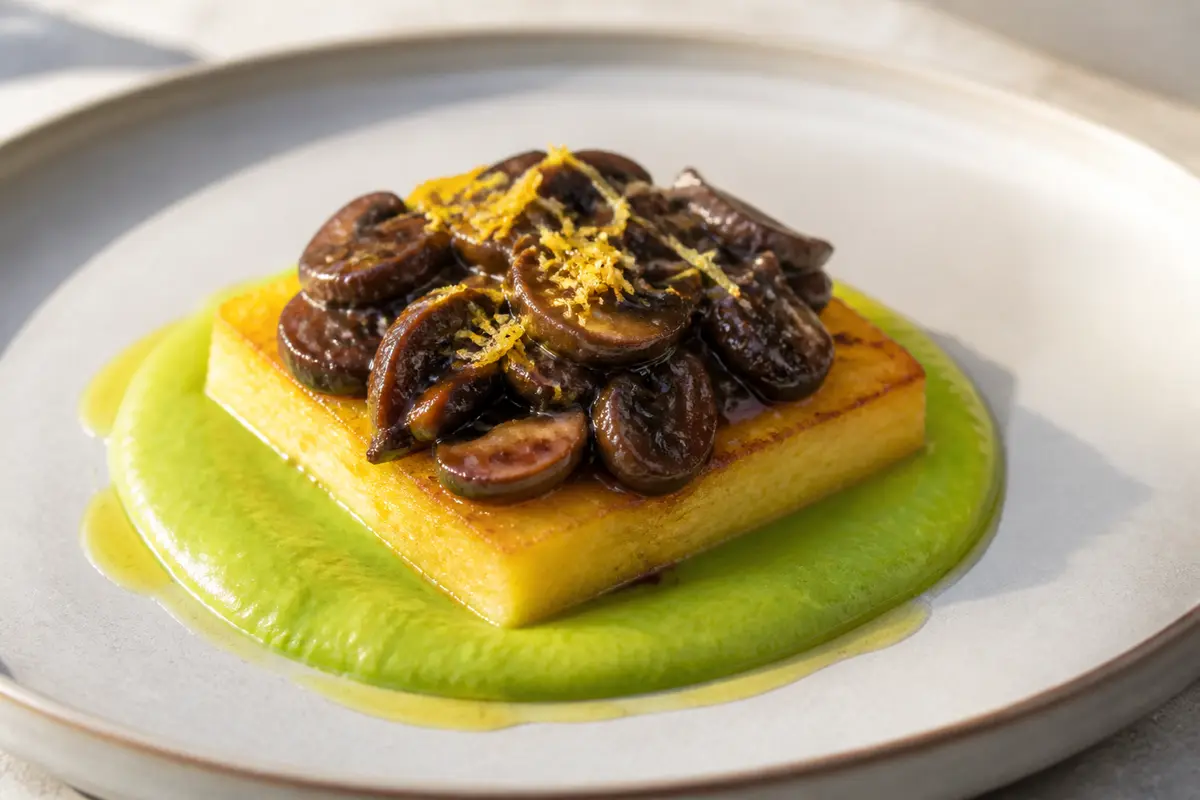 Pastel de polenta al limón con ragú de setas balsámicas y crema de guisantes