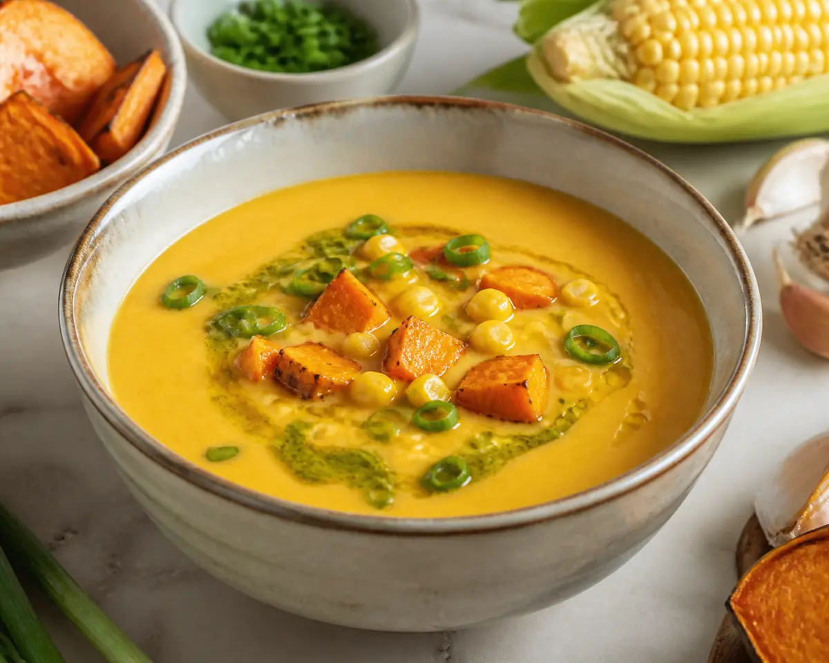 Sopa de Boniato Asado, Miso y Maíz con Aceite de Cebolleta