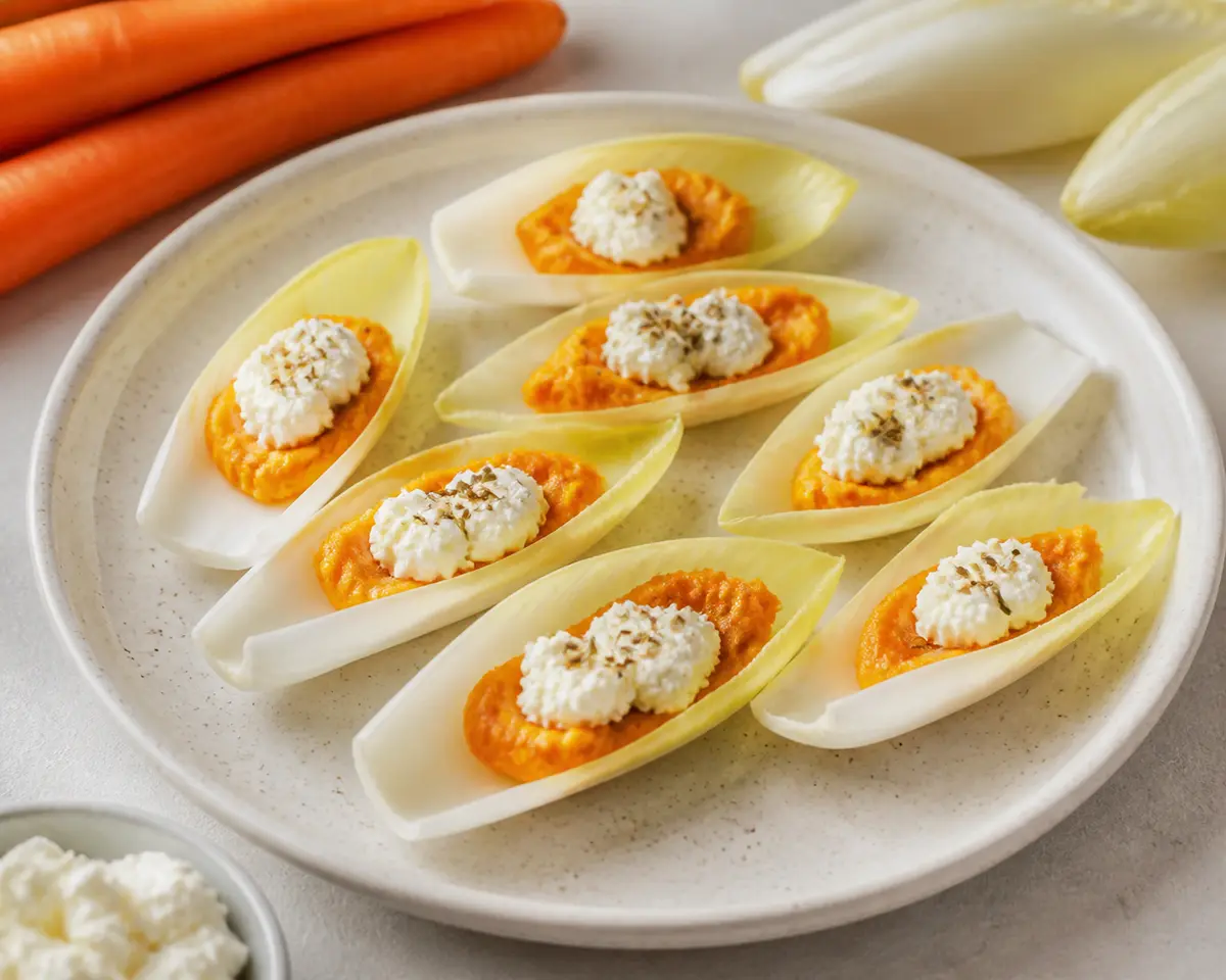Cucharitas de Endivia con Crema de Zanahoria Asada, Feta Batida y Semillas de Comino