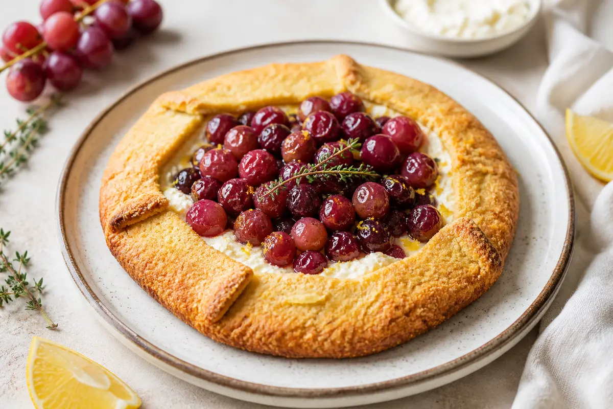 Rustic Breakfast Galette with Golden Polenta, Lemon Ricotta and Thyme-Roasted Grapes