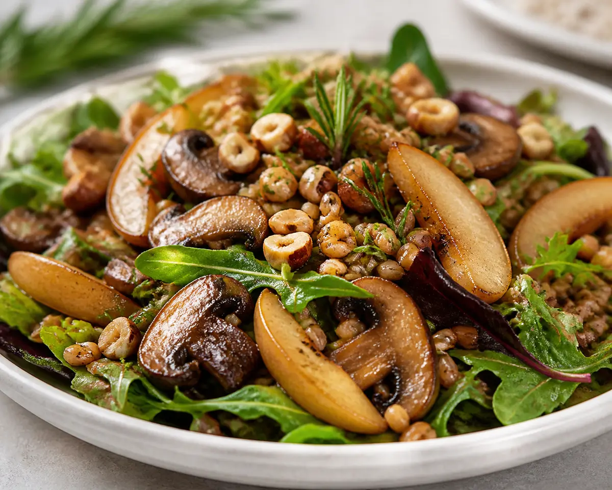 Ensalada templada de trigo tierno, setas al romero, pera caramelizada y avellanas con vinagreta de jerez