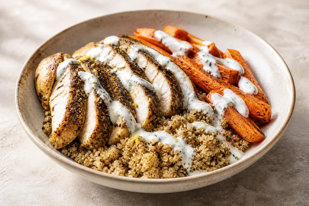 Bowl tibio de pollo al zaatar con quinoa dorada, zanahoria especiada y salsa de yogur con limón