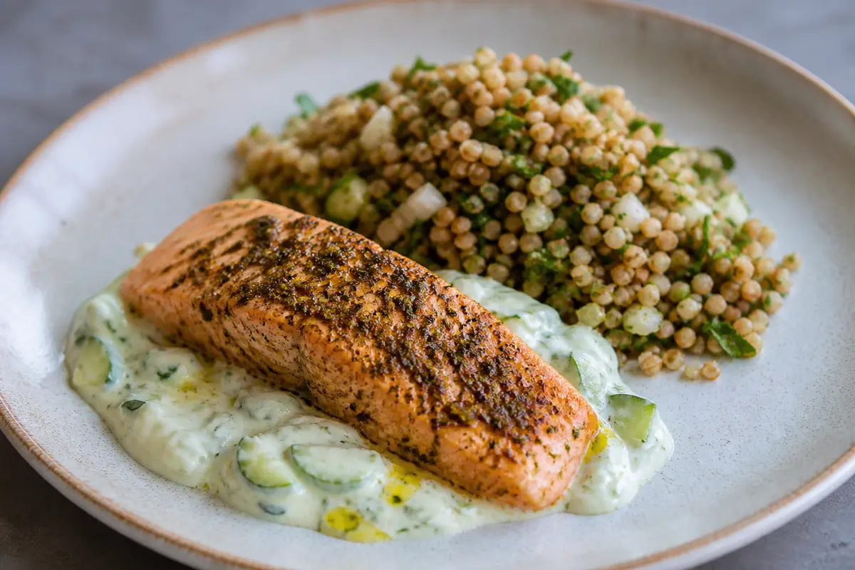 Za’atar Salmon with Warm Cucumber Yogurt and Herbed Buckwheat