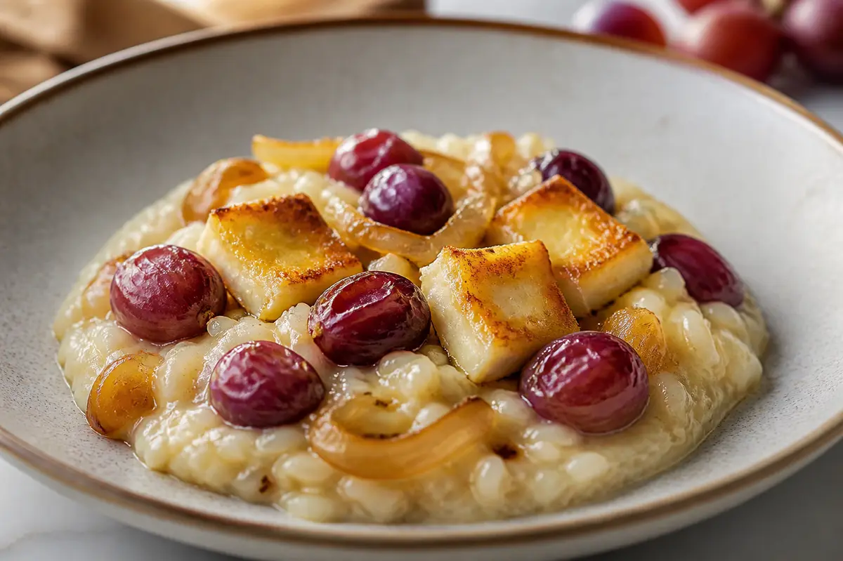 Creamy Rice with Caramelized Onion, Roasted Grapes, and Crispy Brie