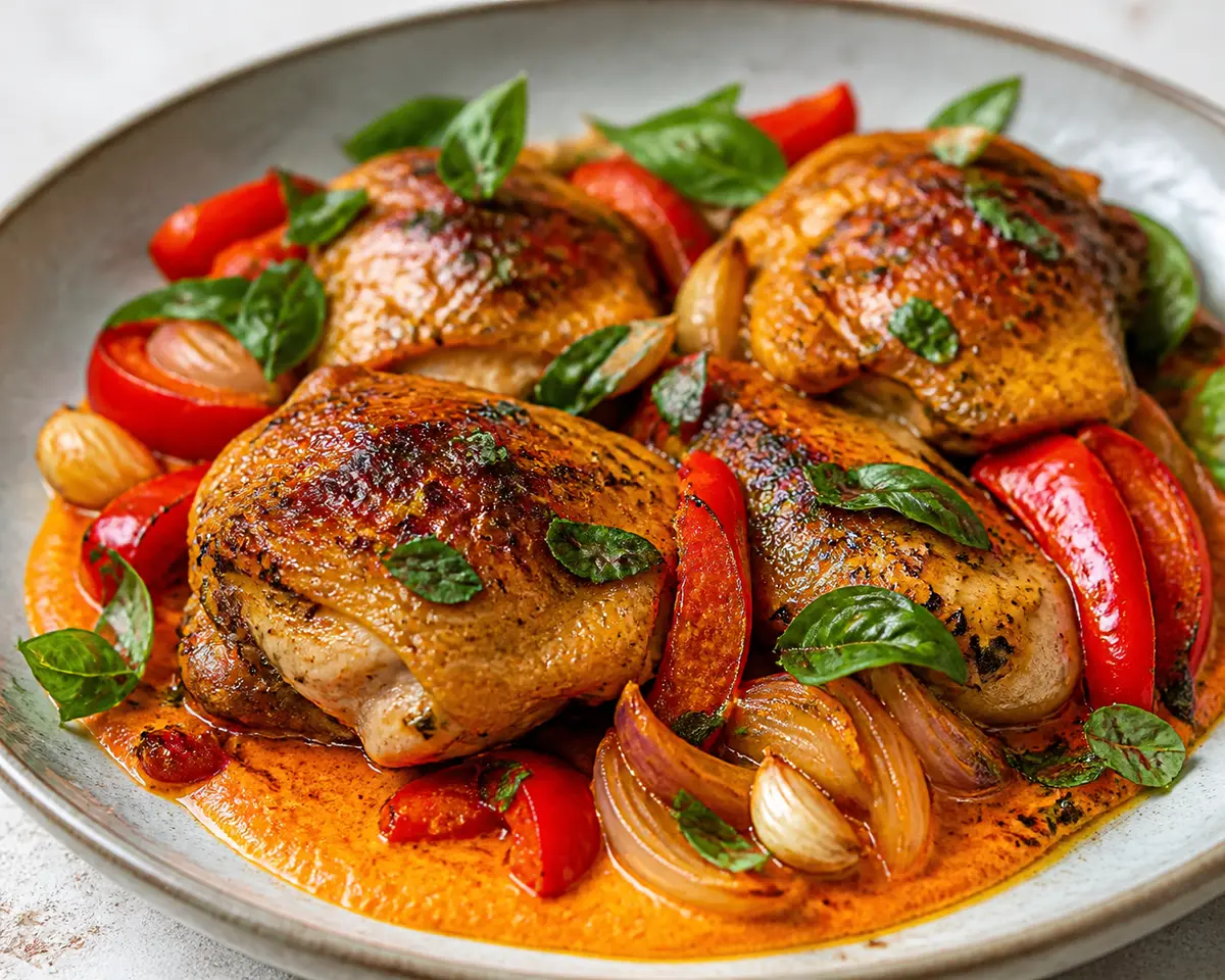 Pollo asado con salsa de pimiento rojo, almendras y albahaca tostada