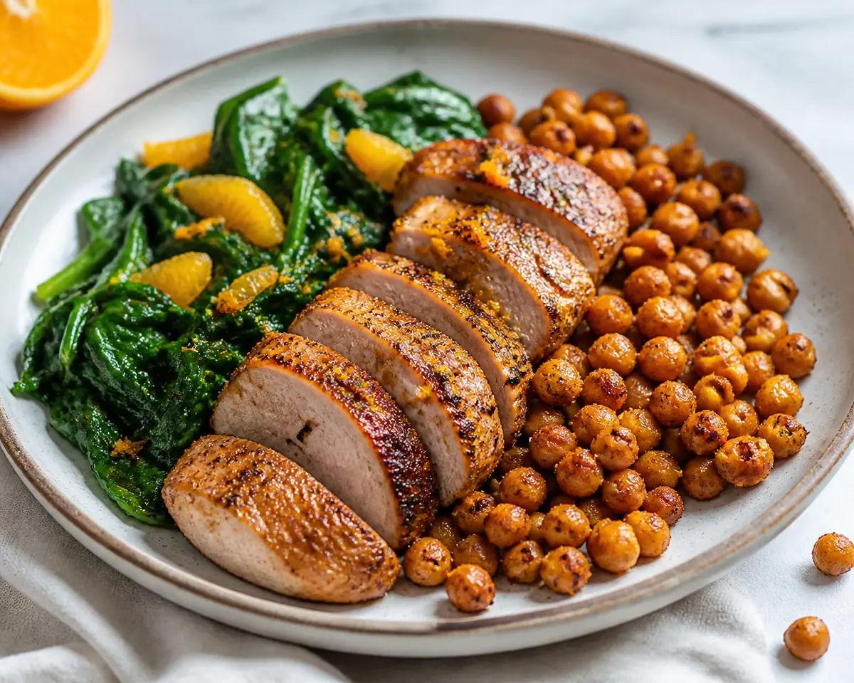 Filetes de Cerdo al Pimentón y Naranja con Garbanzos Crujientes y Espinacas Salteadas