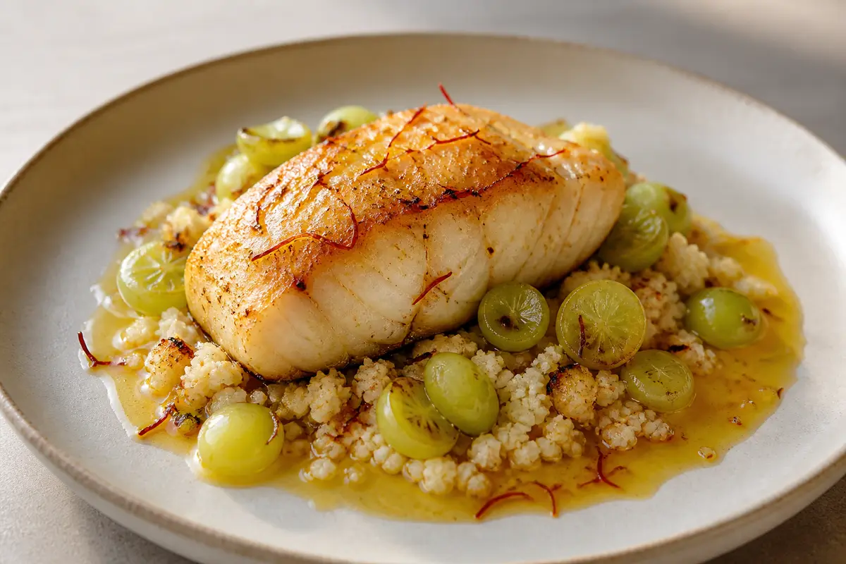 Golden Fish with Smoked Saffron Butter, Toasted Cauliflower Couscous and Sautéed Green Grapes