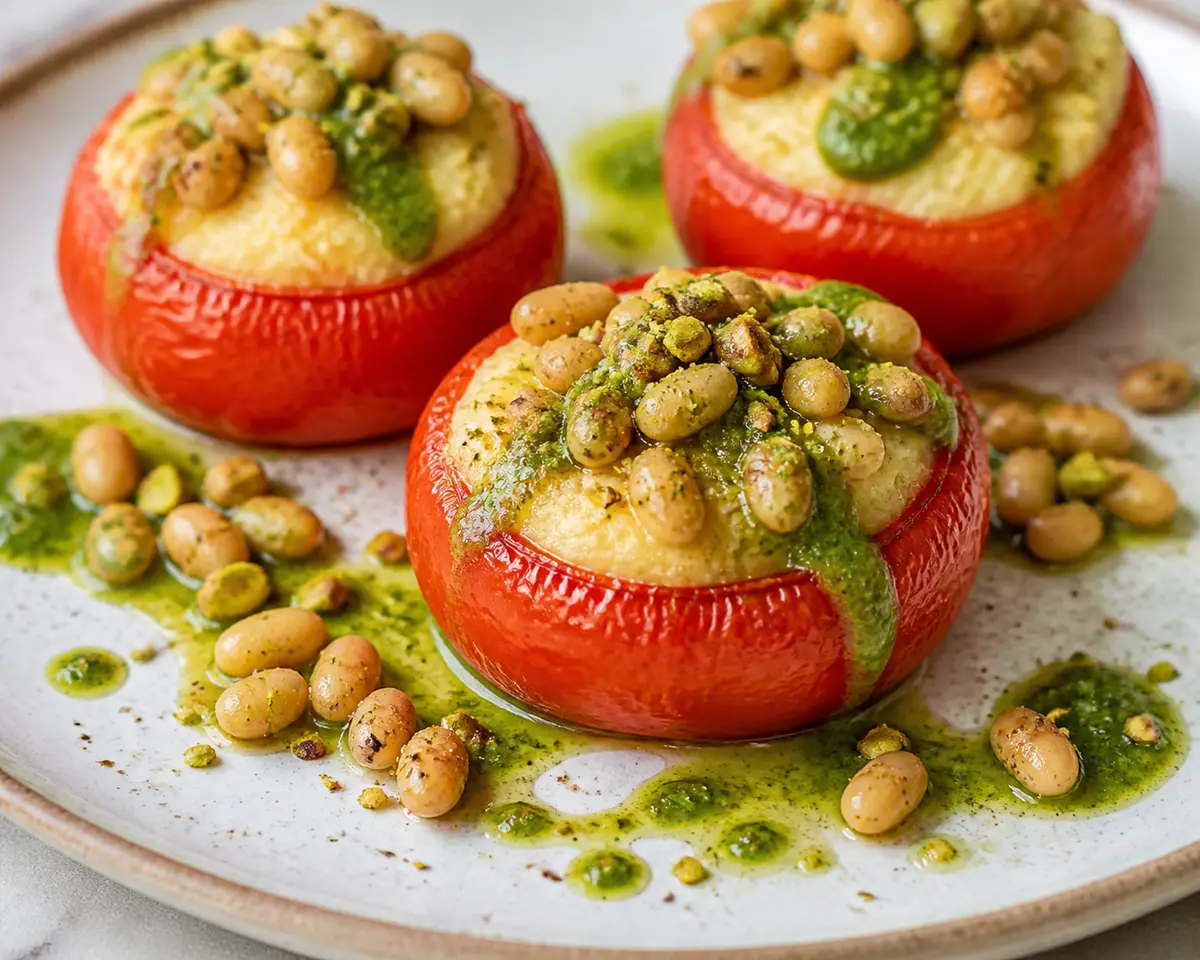 Roasted Tomatoes Stuffed with Creamy Garlic Polenta, Crispy White Beans and Pistachio with Basil Green Sauce