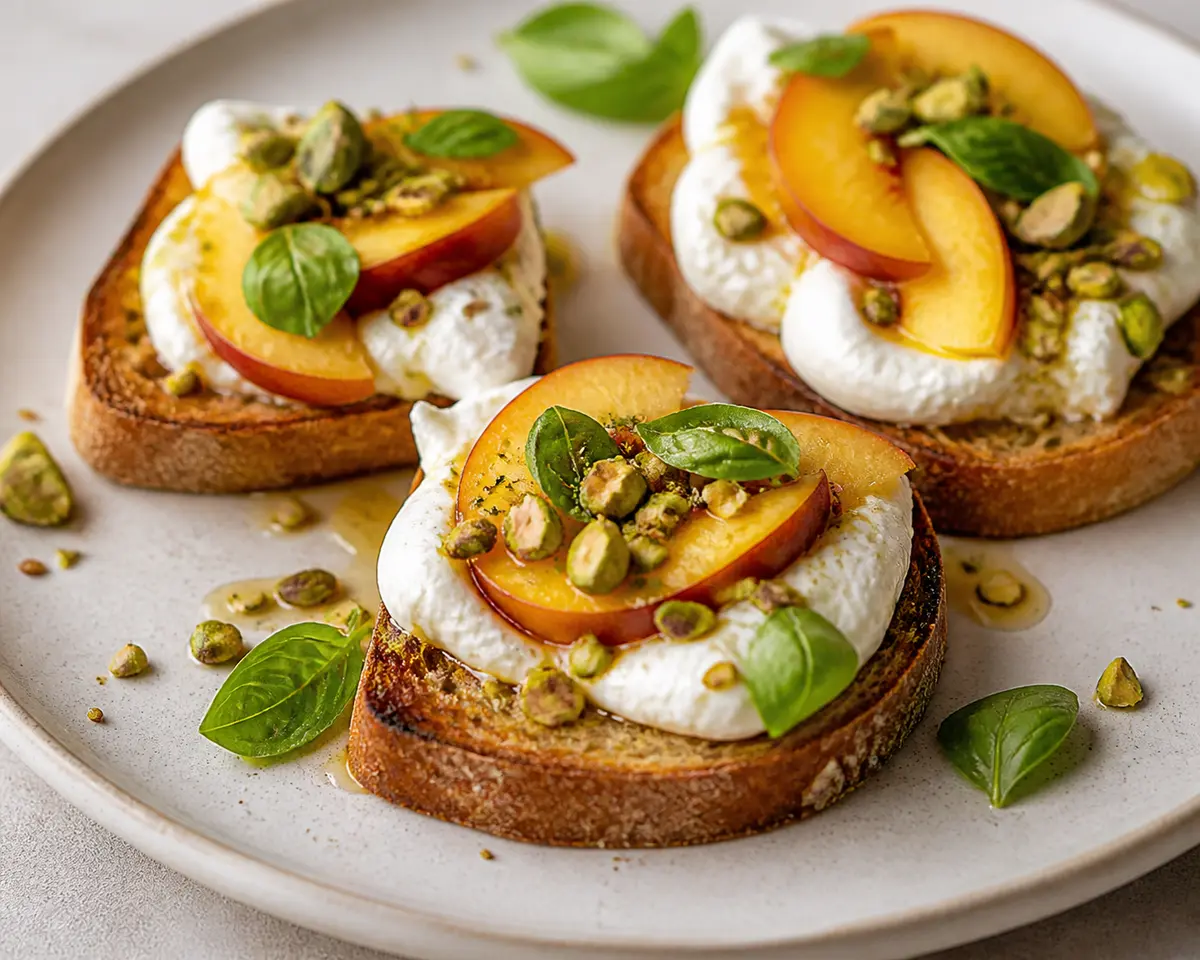 Express Peach, Burrata and Pistachio Basil Toasts