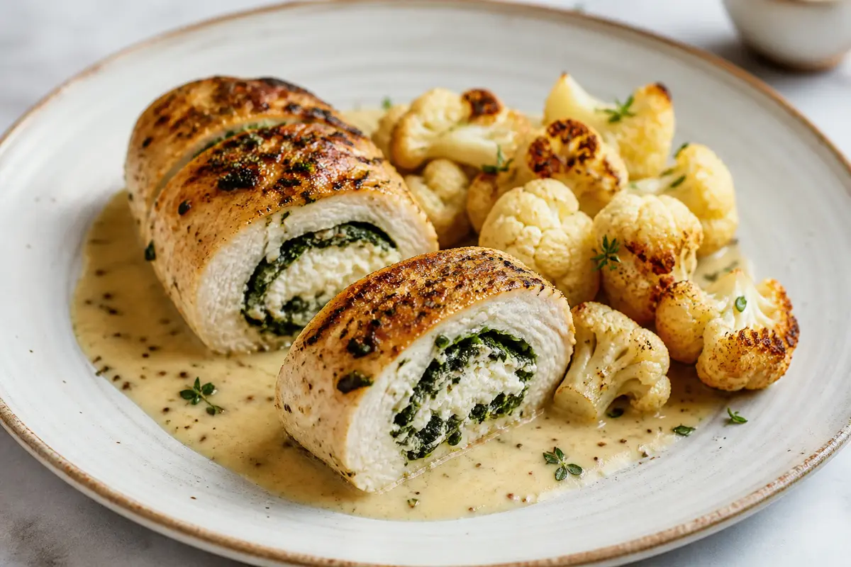 Rollo Dorado de Pollo, Ricotta y Espinaca con Salsa Cremosa de Mostaza y Coliflor Asada