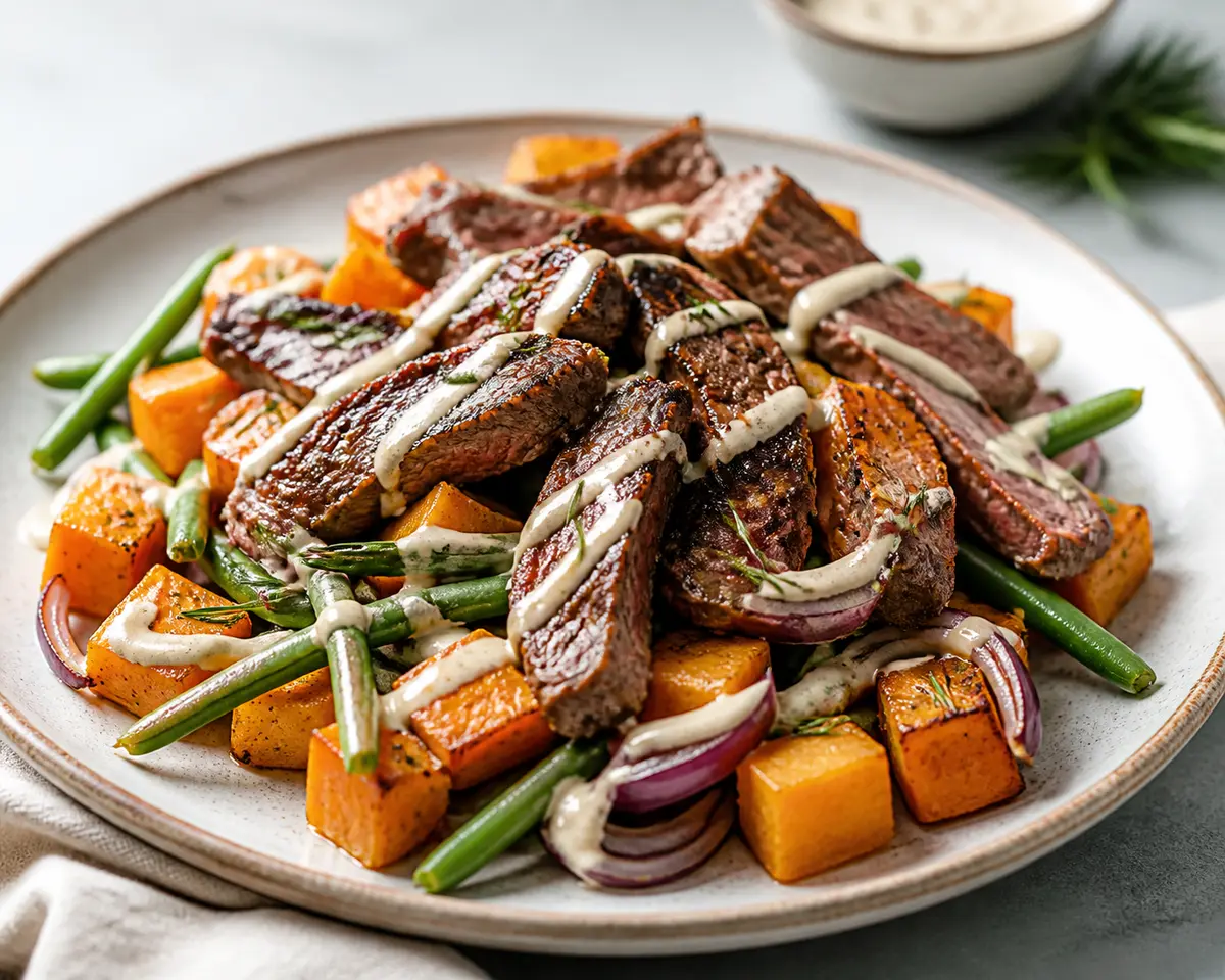 Rosemary Beef Strips with Roasted Squash, Green Beans, and Warm Tahini Lemon Drizzle