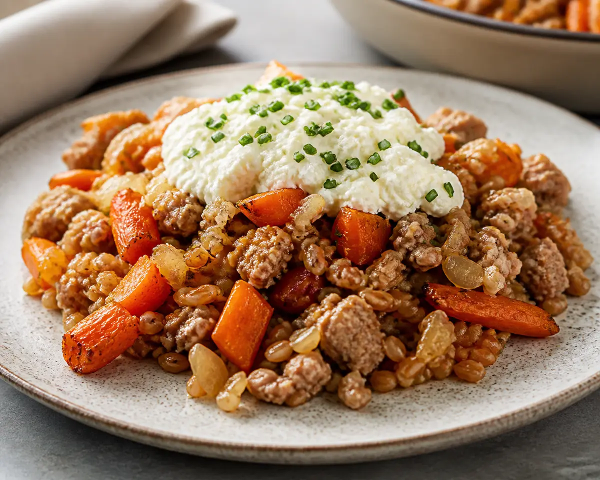 Pastel Familiar de Farro Cremoso con Pavo, Zanahoria Asada y Cubierta de Ricotta al Cebollín