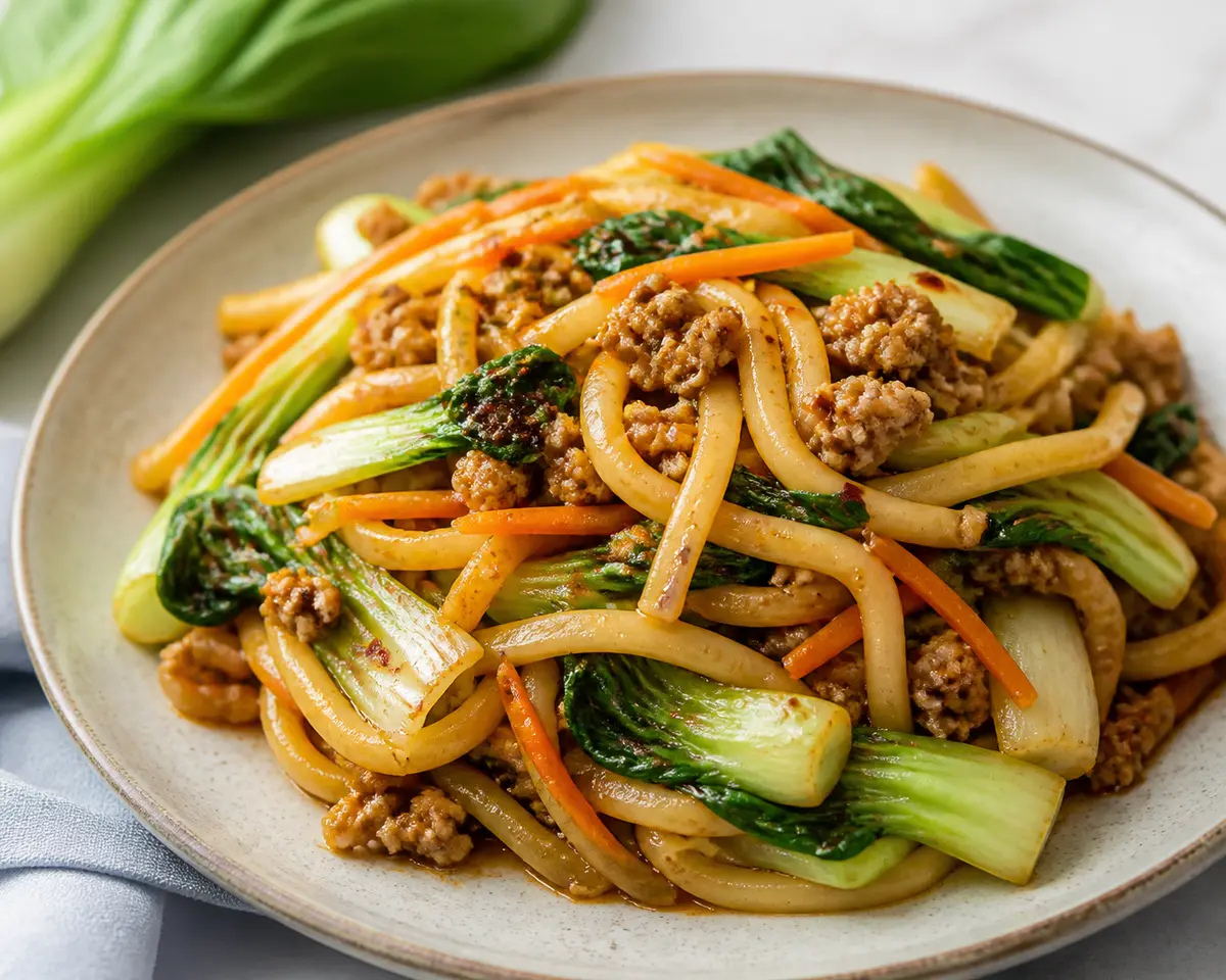 Quick Stir-Fried Udon with Pork, Bok Choy and Chili-Lime Butter