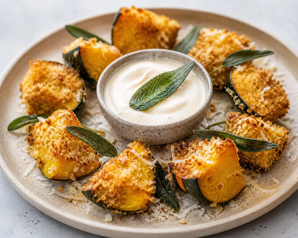 Bocados de calabaza bellota en Air Fryer con costra de parmesano, salvia crujiente y yogur de arce