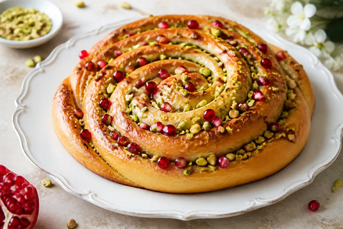 Espiral de Pan Dulce de Pistacho, Granada y Agua de Azahar