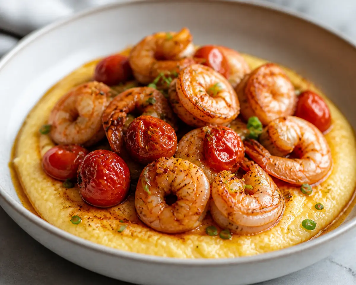 Skillet de Camarones Cajún con Grits Cremosos de Gouda y Tomates Asados