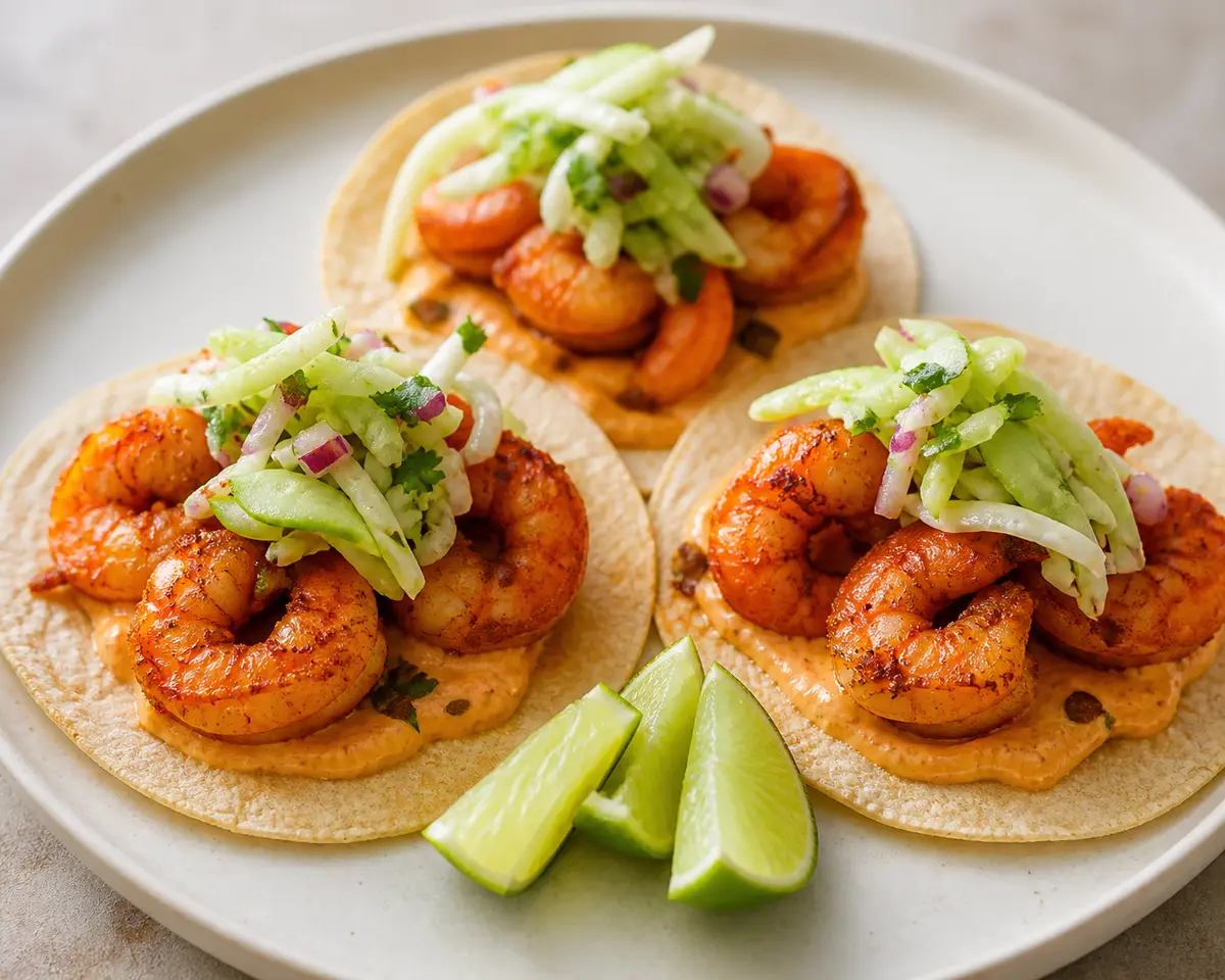 Mild Achiote Shrimp Tacos with Corn Cream and Cucumber Lime Slaw