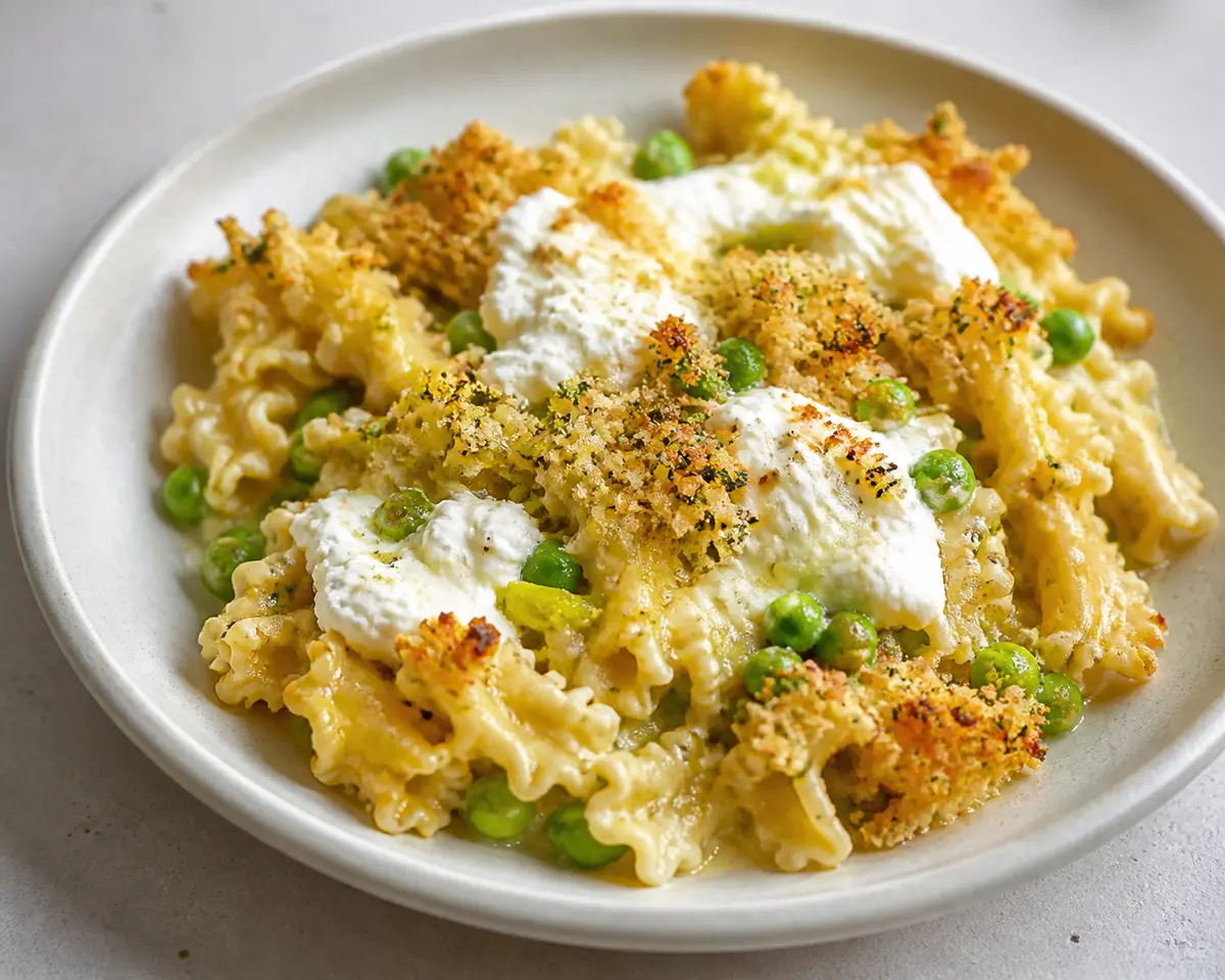 Baked Gigli with Leek Cream, Peas, Stracciatella and Herbed Crust