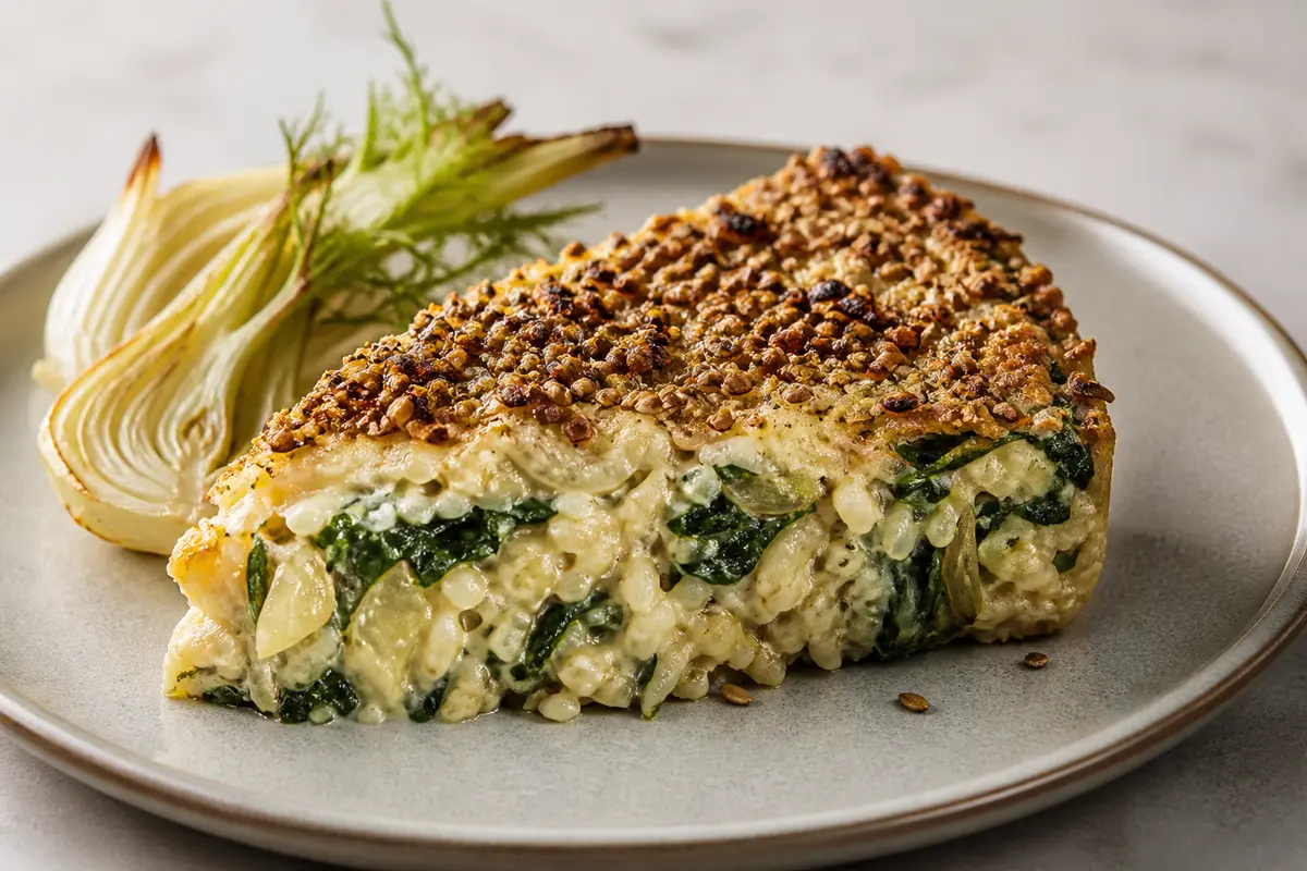 Pastel de Arroz Cremoso con Hinojo Asado, Espinaca y Costra de Semillas