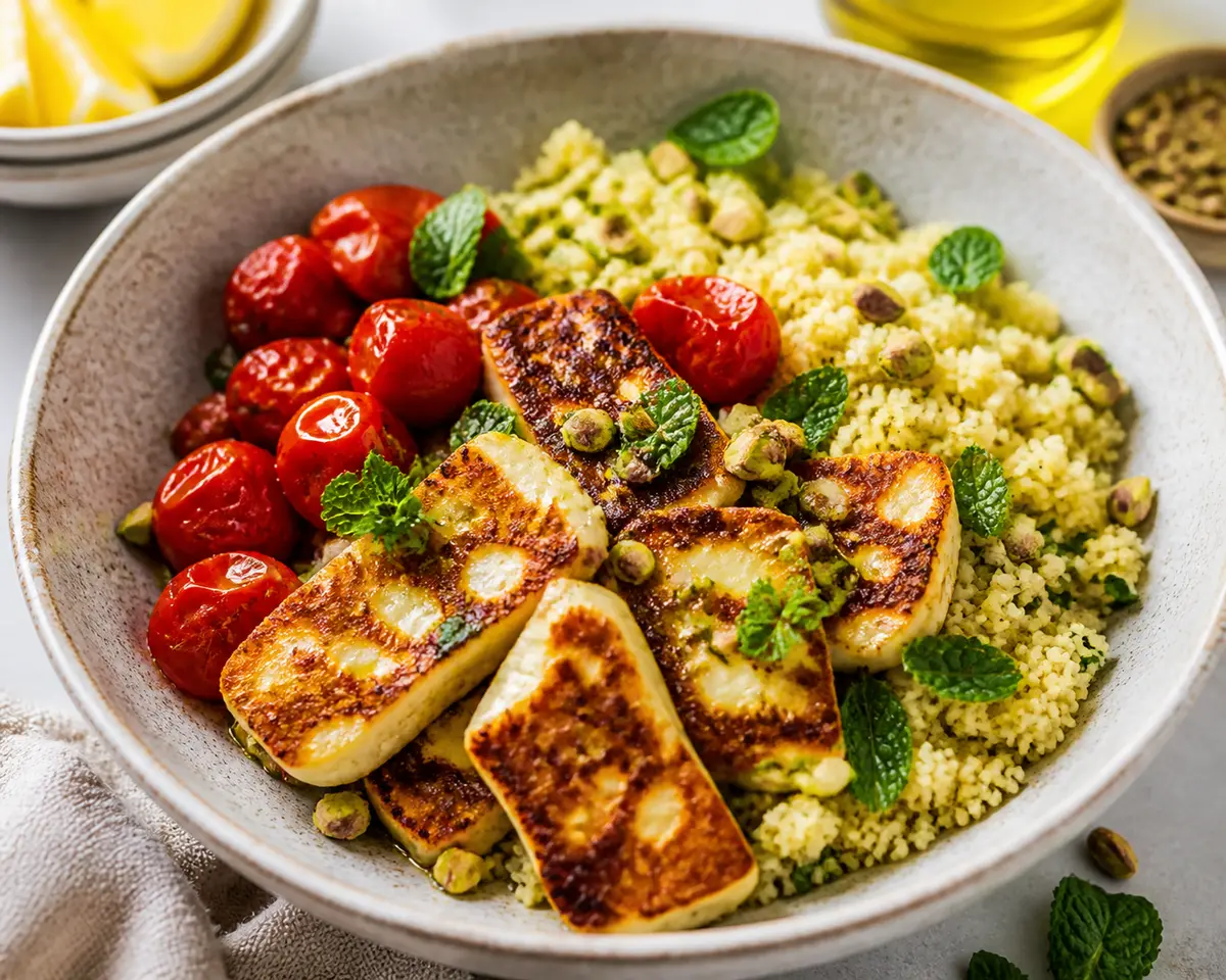 Tazón de halloumi dorado con cuscús de limón, tomates asados y pistachos con menta
