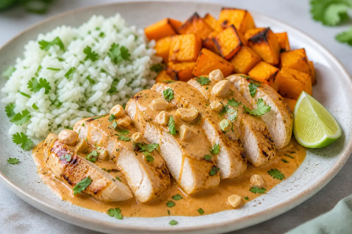 Chicken Breast in Cashew-Chile Sauce with Cilantro Rice and Roasted Squash