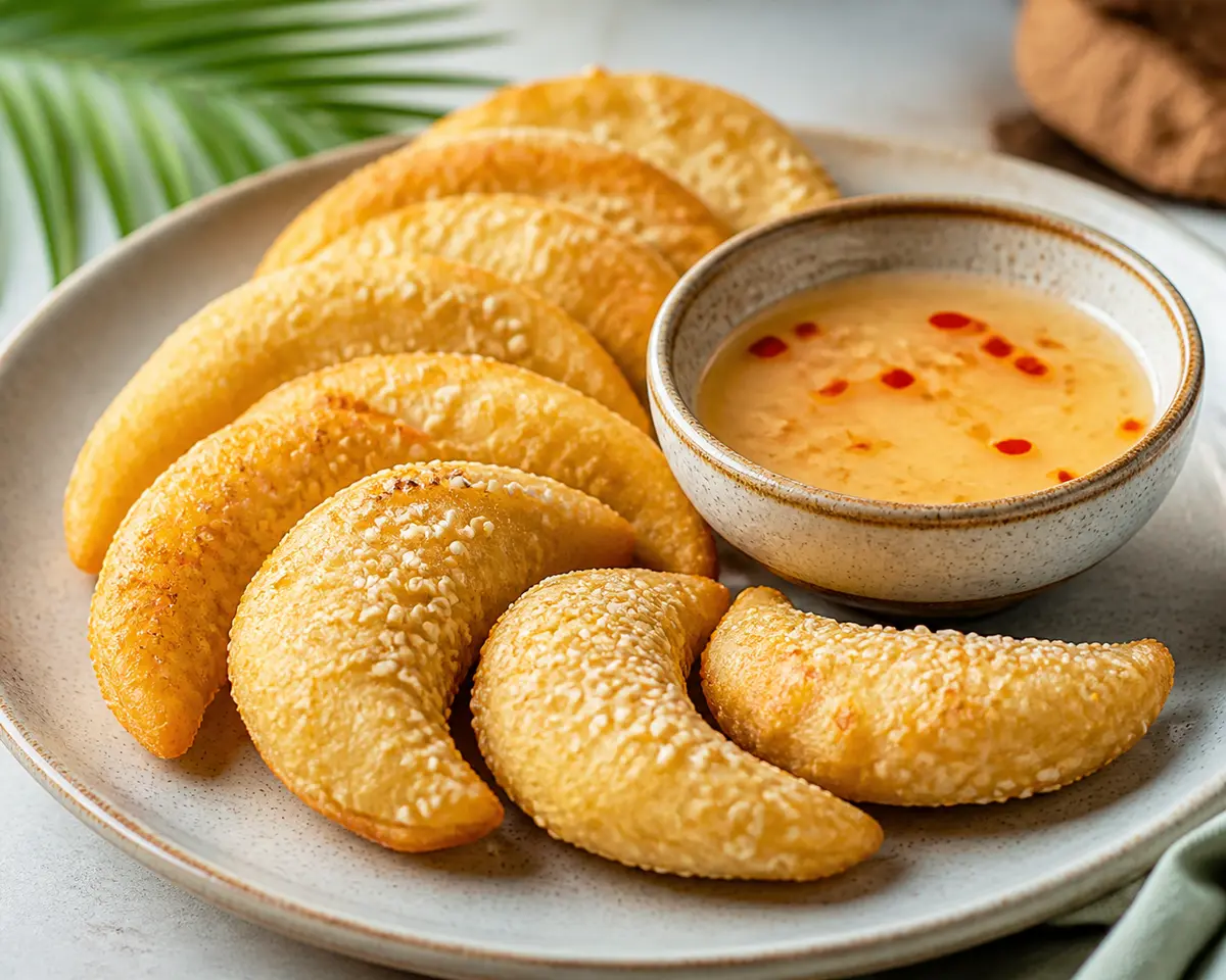 Lunas Crocantes de Yuca y Sésamo con Dip Tibio de Coco, Lima y Chile Dulce