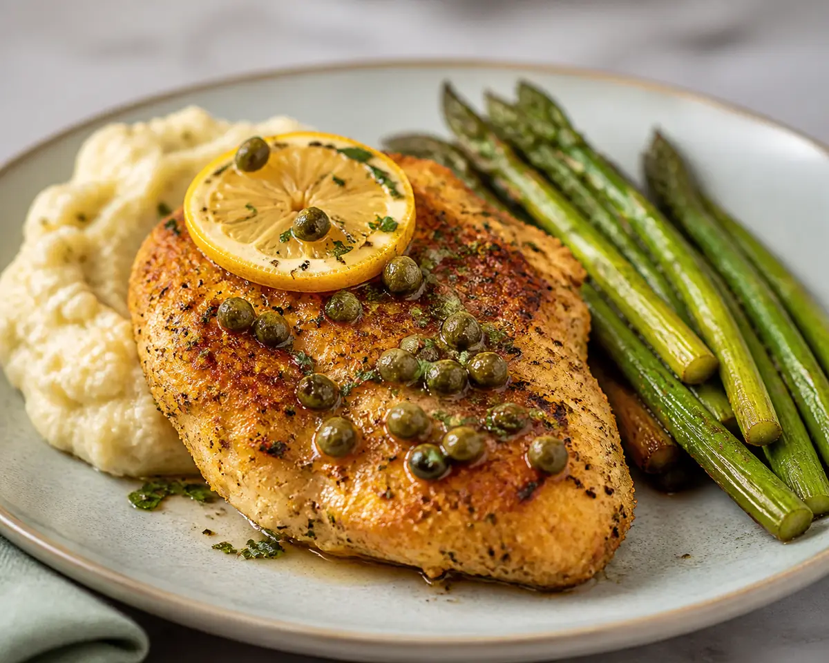 Pollo crujiente al limón y alcaparras con puré rústico de coliflor y espárragos salteados