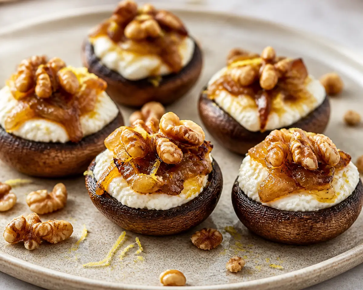 Mini Portobello Mushrooms with Lemon Ricotta Cream, Caramelized Onion and Walnut