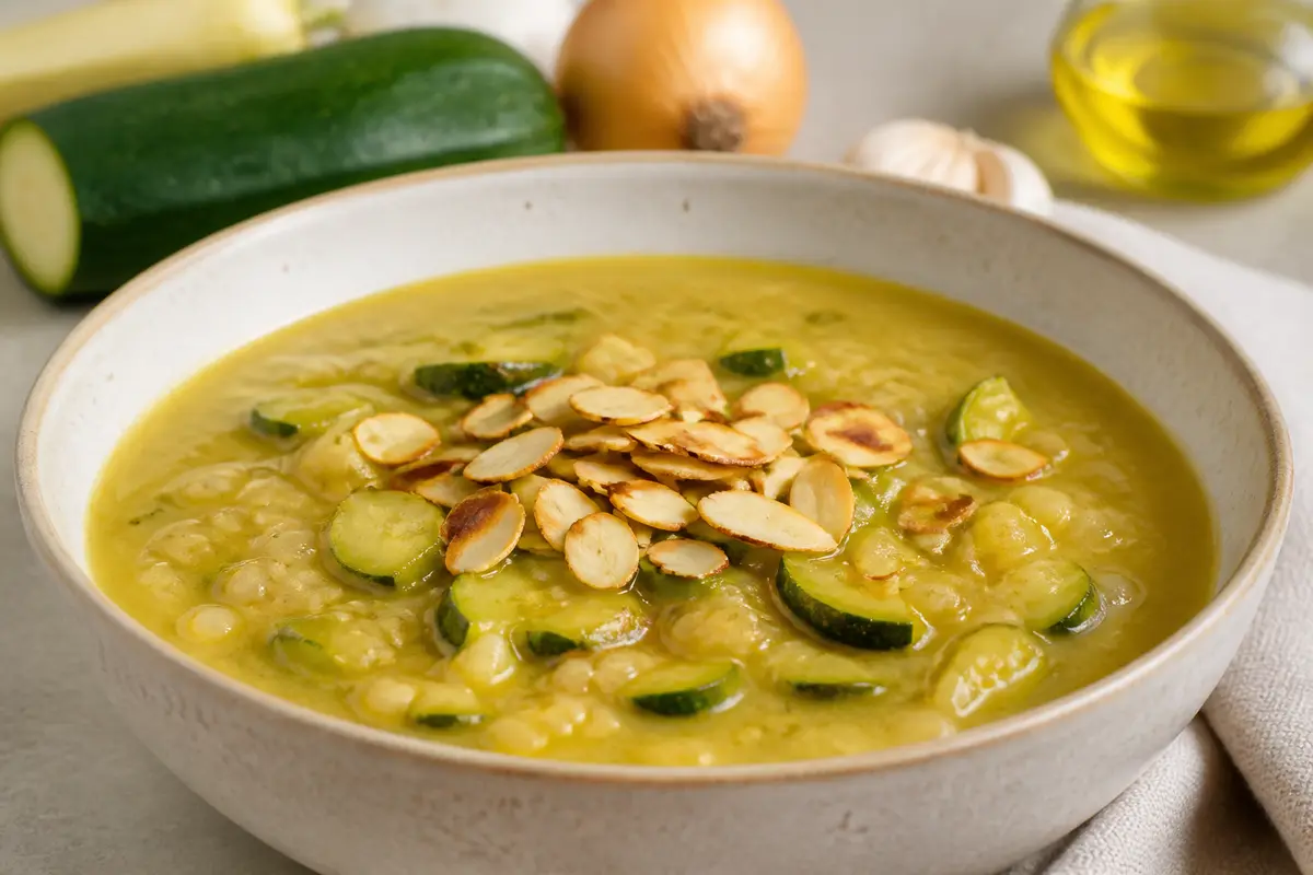 Sopa de Calabacín Dorado, Avena Salada y Limón con Almendras Tostadas