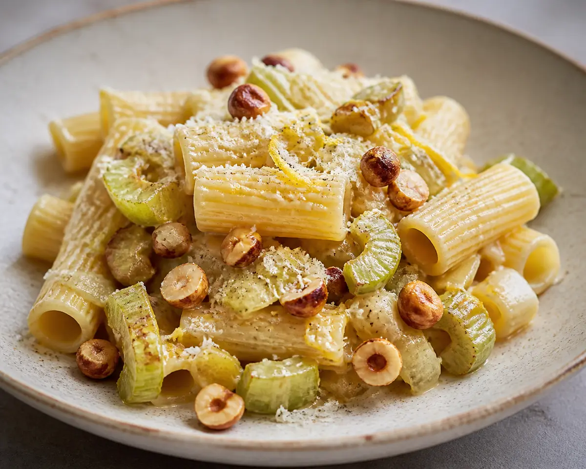 Creamy sedani with roasted celery, lemon, pecorino and crunchy hazelnuts