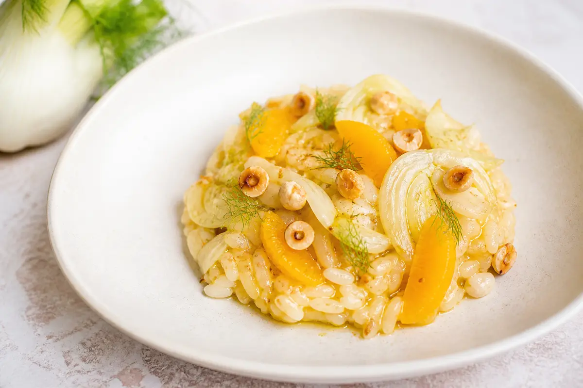 Creamy Rice with Golden Fennel, Spiced Orange, and Toasted Hazelnuts