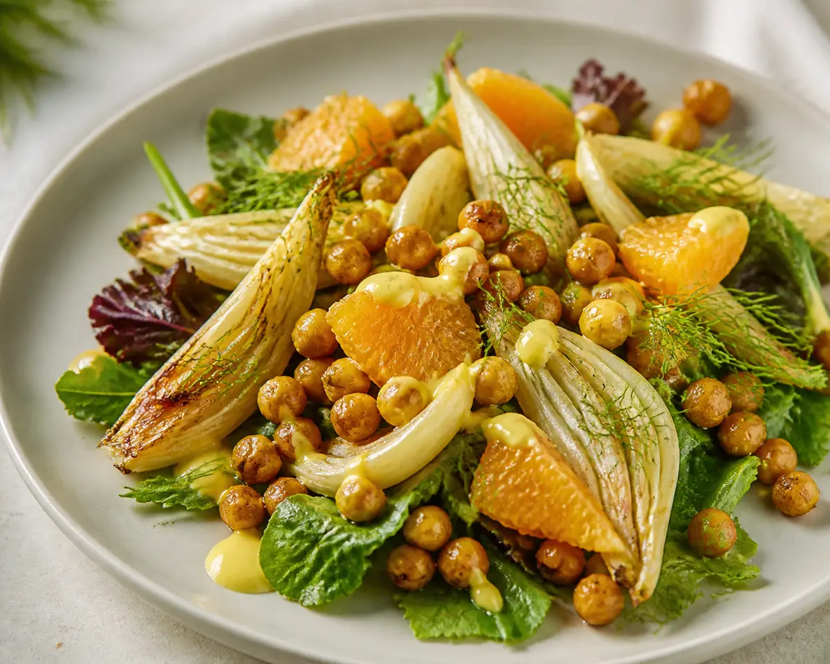 Ensalada tibia de garbanzos crujientes, hinojo asado, naranja fresca y yogur de azafrán