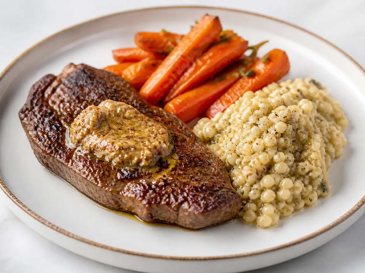 Beef Steak with Date-Mustard Butter, Smoky Carrots, and Creamy Barley