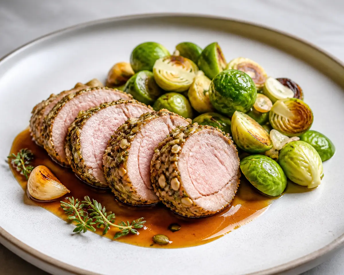 Pork Tenderloin with Pumpkin Seed Crust, Cider Sauce, and Warm Brussels Sprout Sauté