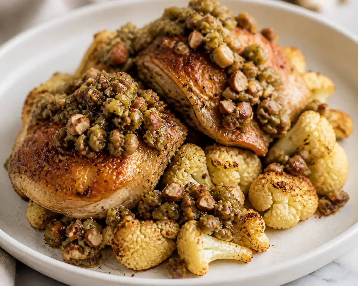Pollo crujiente con tapenade de aceitunas y almendras sobre coliflor asada al comino