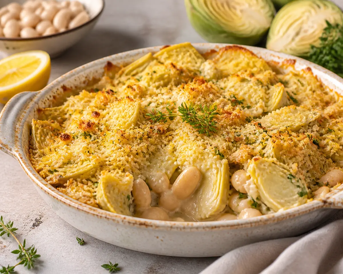 Gratén de Alubias Blancas y Alcachofas con Costra de Pan al Limón y Queso