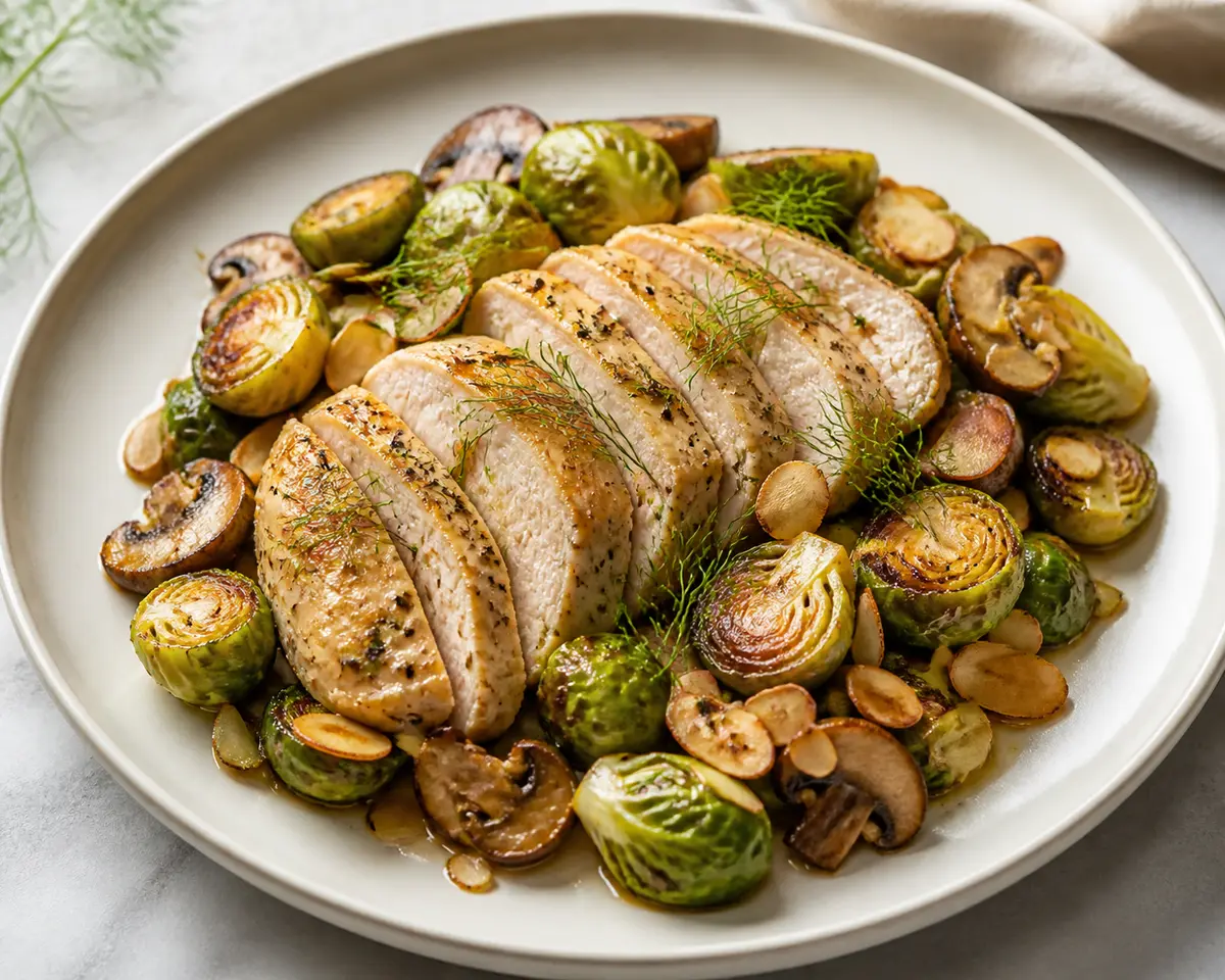 Lemon-Fennel Chicken Breast with Brussels Sprouts, Mushrooms and Almond Skillet