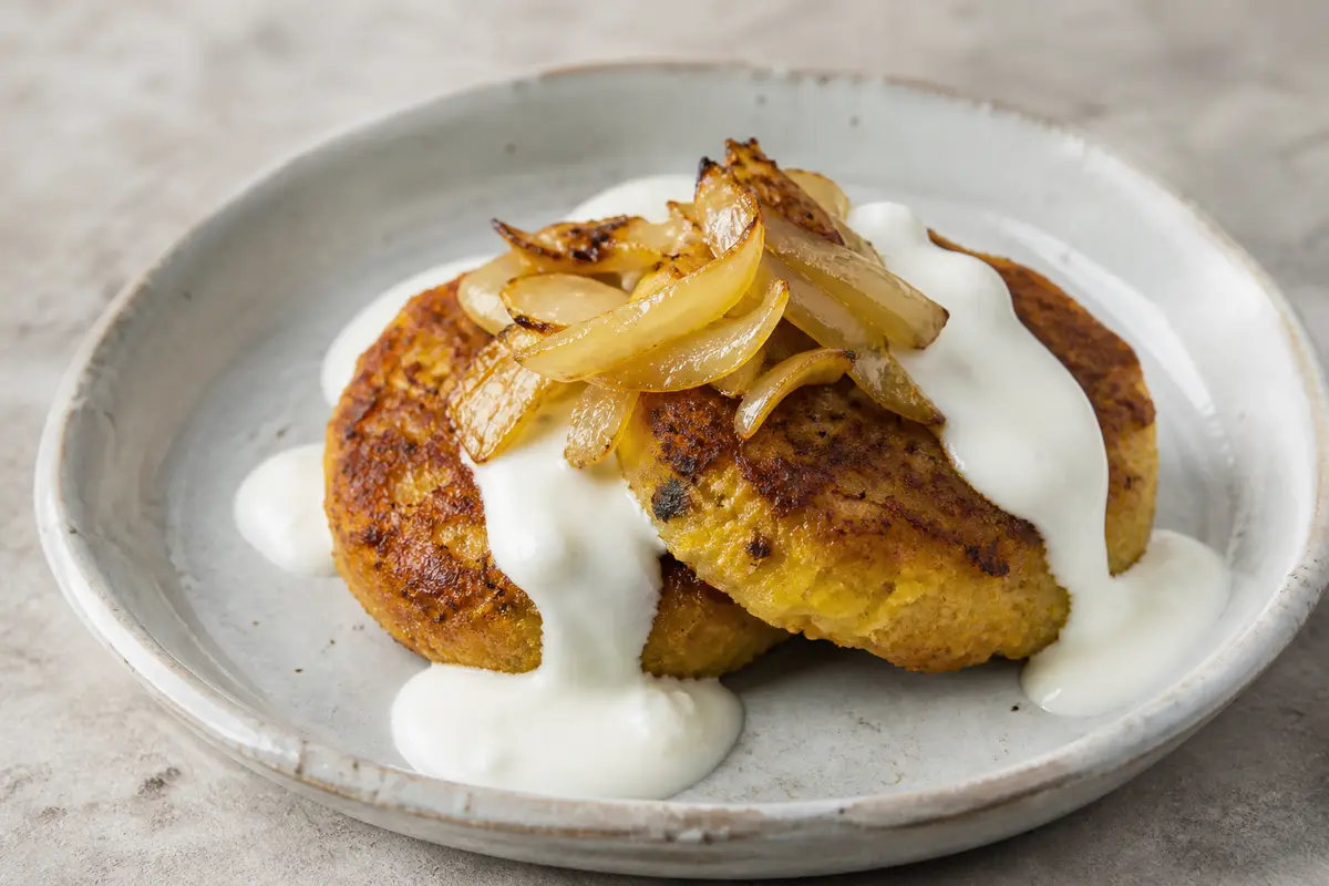 Golden Polenta and Bean Patties with Roasted Onion and Lemon Yogurt Sauce